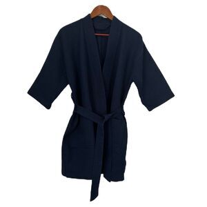Turquaz Robe Women L Navy Waffle Knit Pockets Belted Short Comfy Preppy Spa Bath